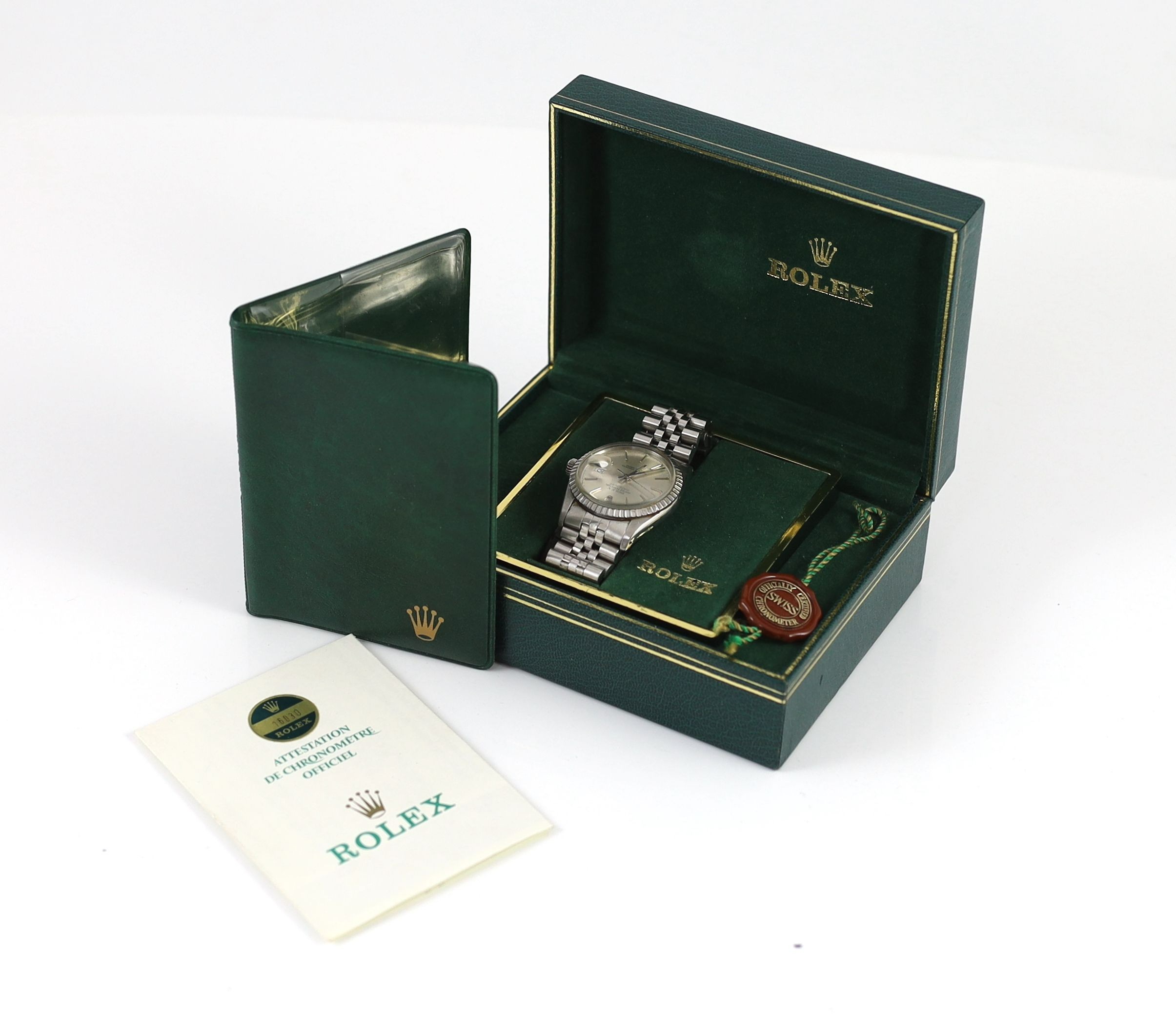 A gentleman's mid 1980's stainless steel Rolex Oyster Perpetual Datejust wrist watch, on a stainless steel Rolex bracelet